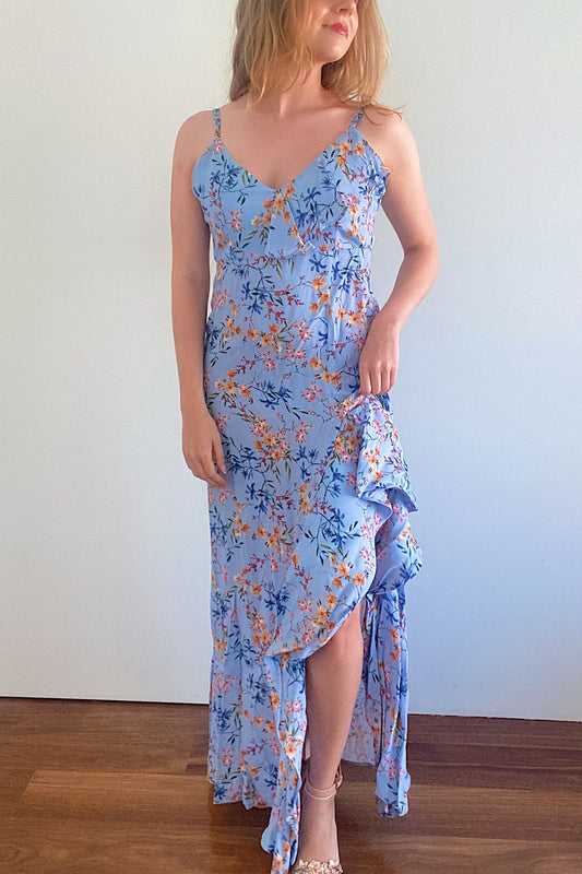 Blue long floral dress with ruffle detail