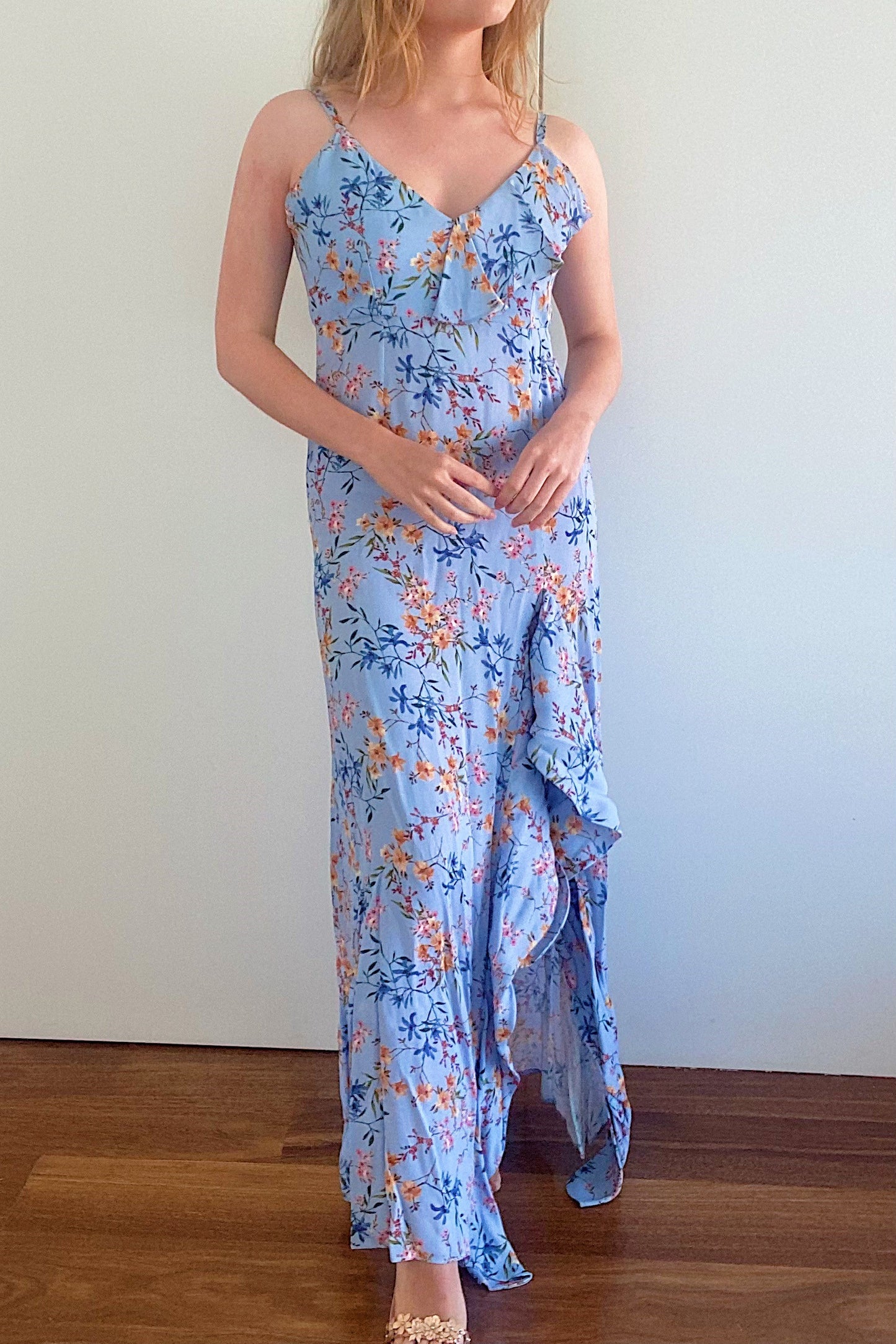 Blue long floral dress with ruffle detail