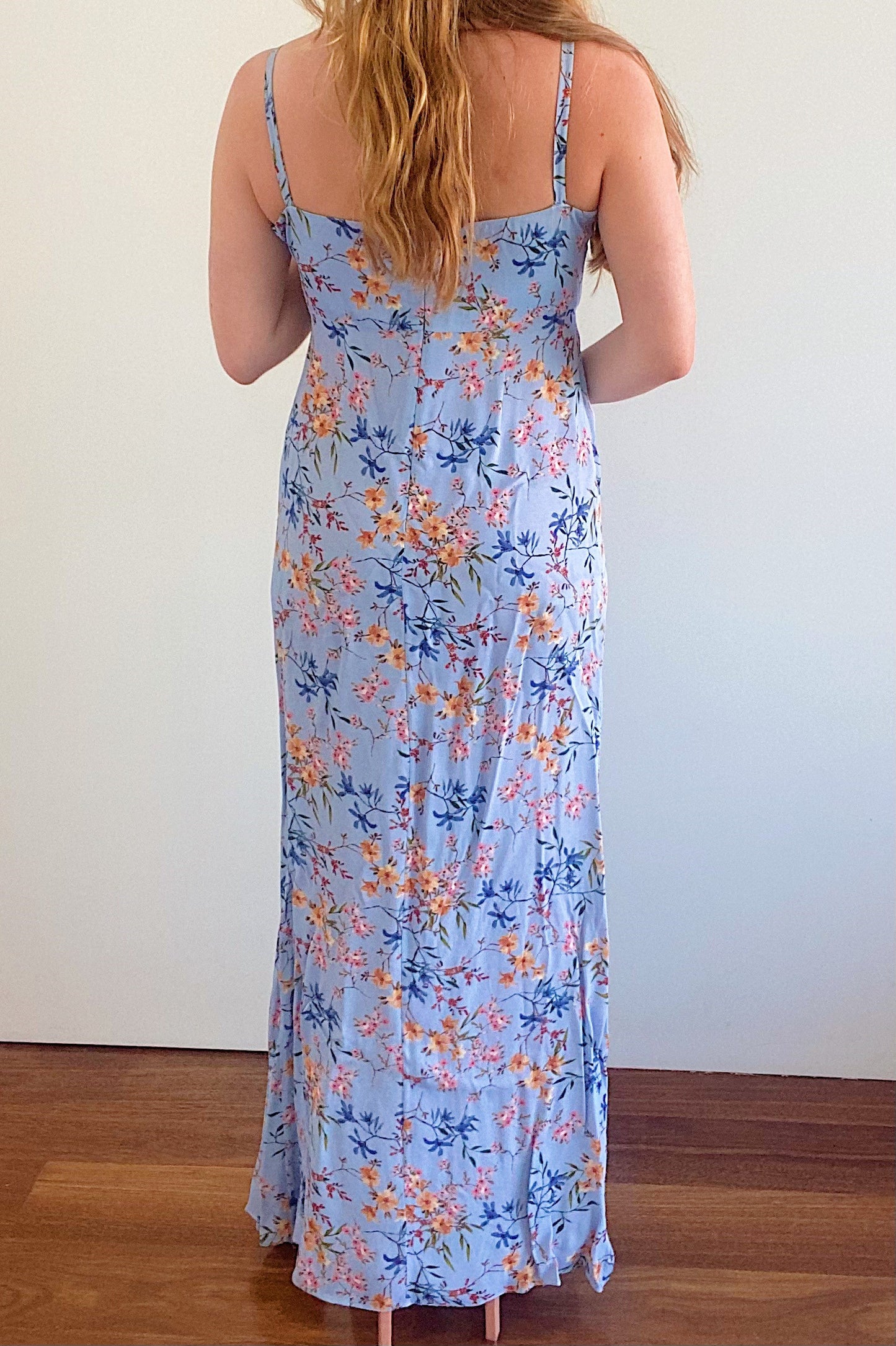 Blue long floral dress with ruffle detail